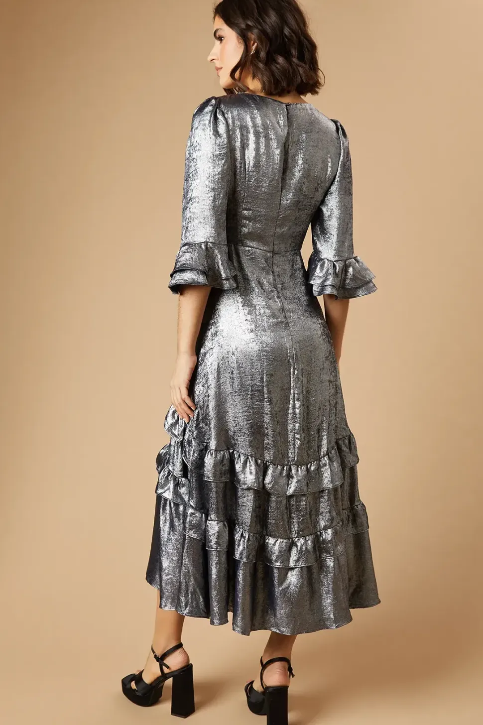 Occasion Metallic Foil Tiered Midaxi Dress