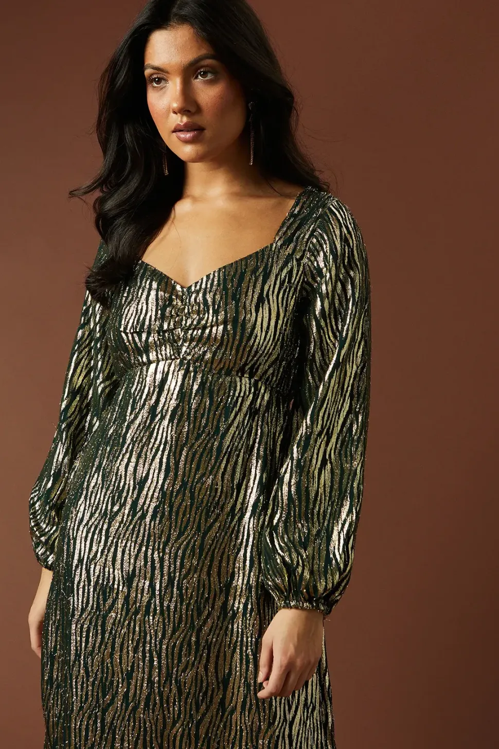 Occasion Metallic Ruched Midi Dress