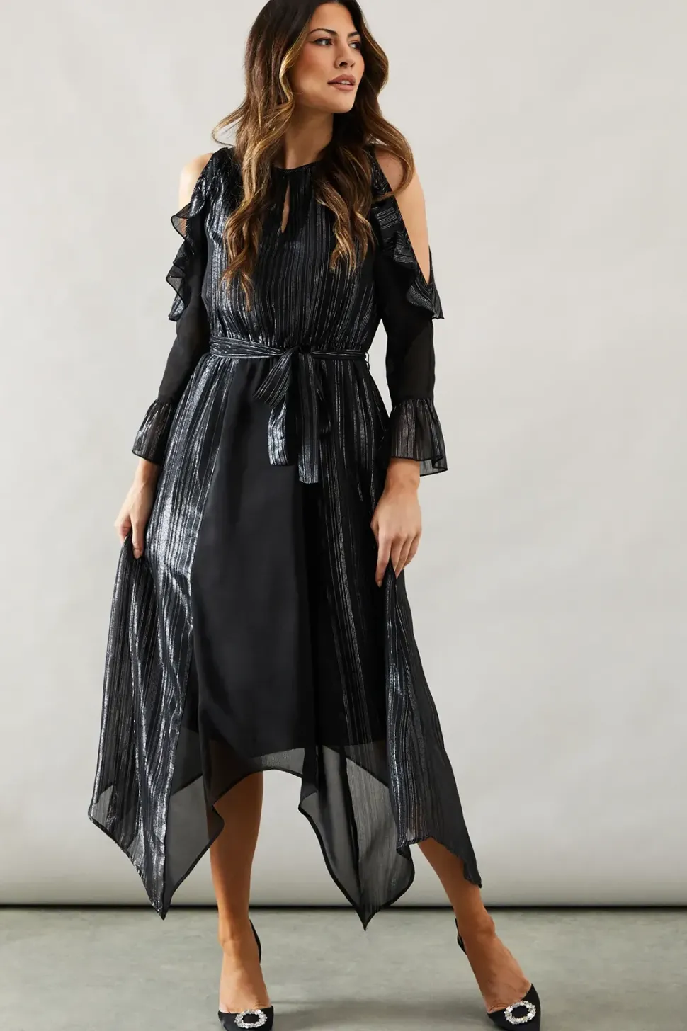 Occasion Metallic Stripe Cold Shoulder Midi Dress