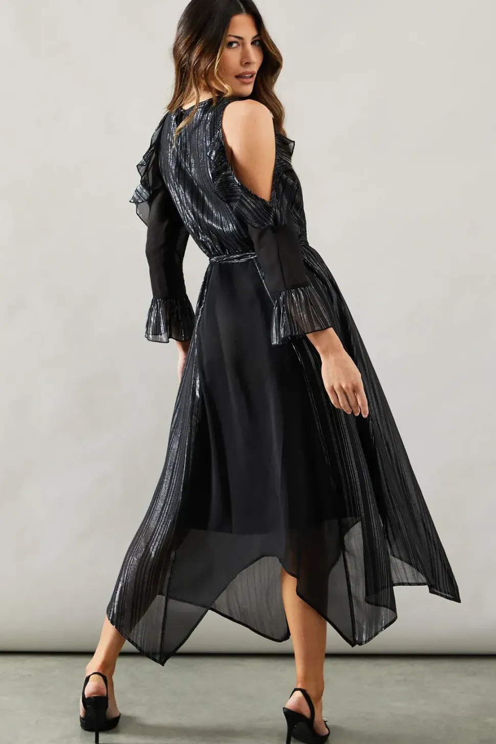 Occasion Metallic Stripe Cold Shoulder Midi Dress