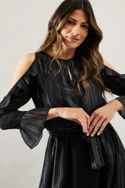 Occasion Metallic Stripe Cold Shoulder Midi Dress
