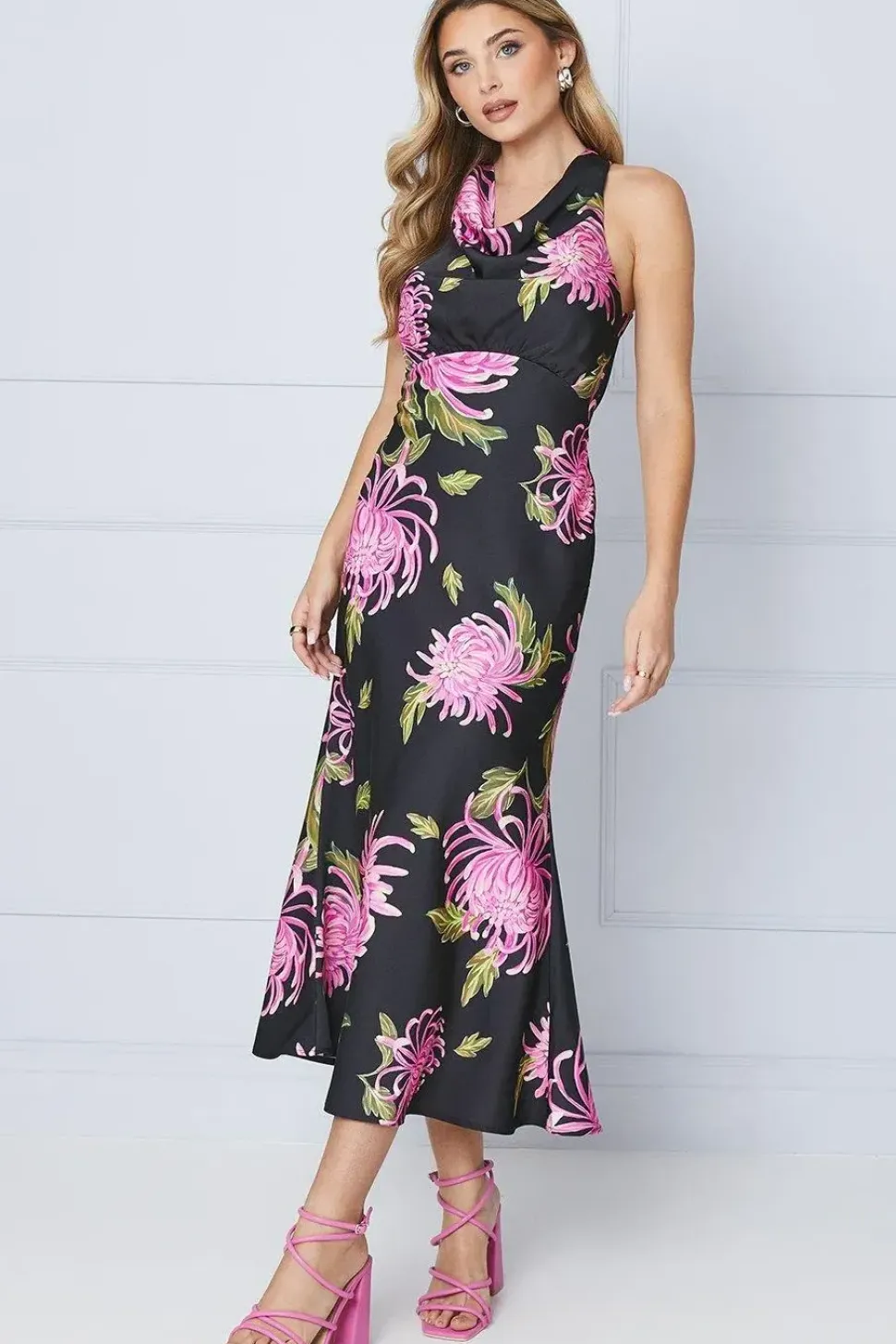 Occasion Petite Floral Satin Cross Back Midi Dress