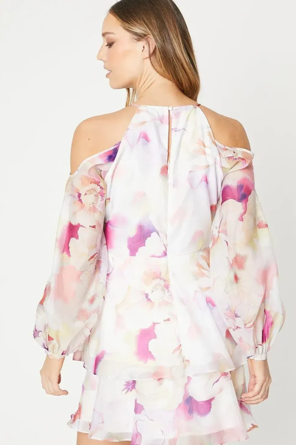 Occasion Pink Floral Organza Cold Shoulder Mini Dress