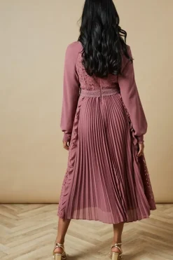 Occasion Premium Lace Insert Pleated Midi Dress