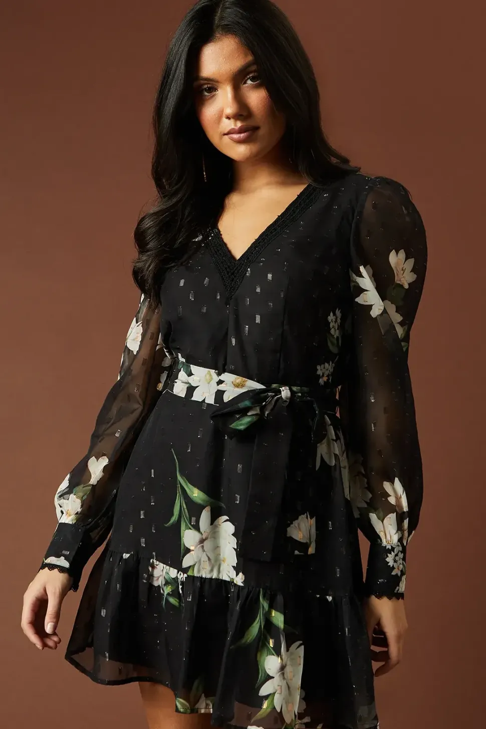 Occasion Printed Metallic V Neck Belted Ruffle Mini Dress