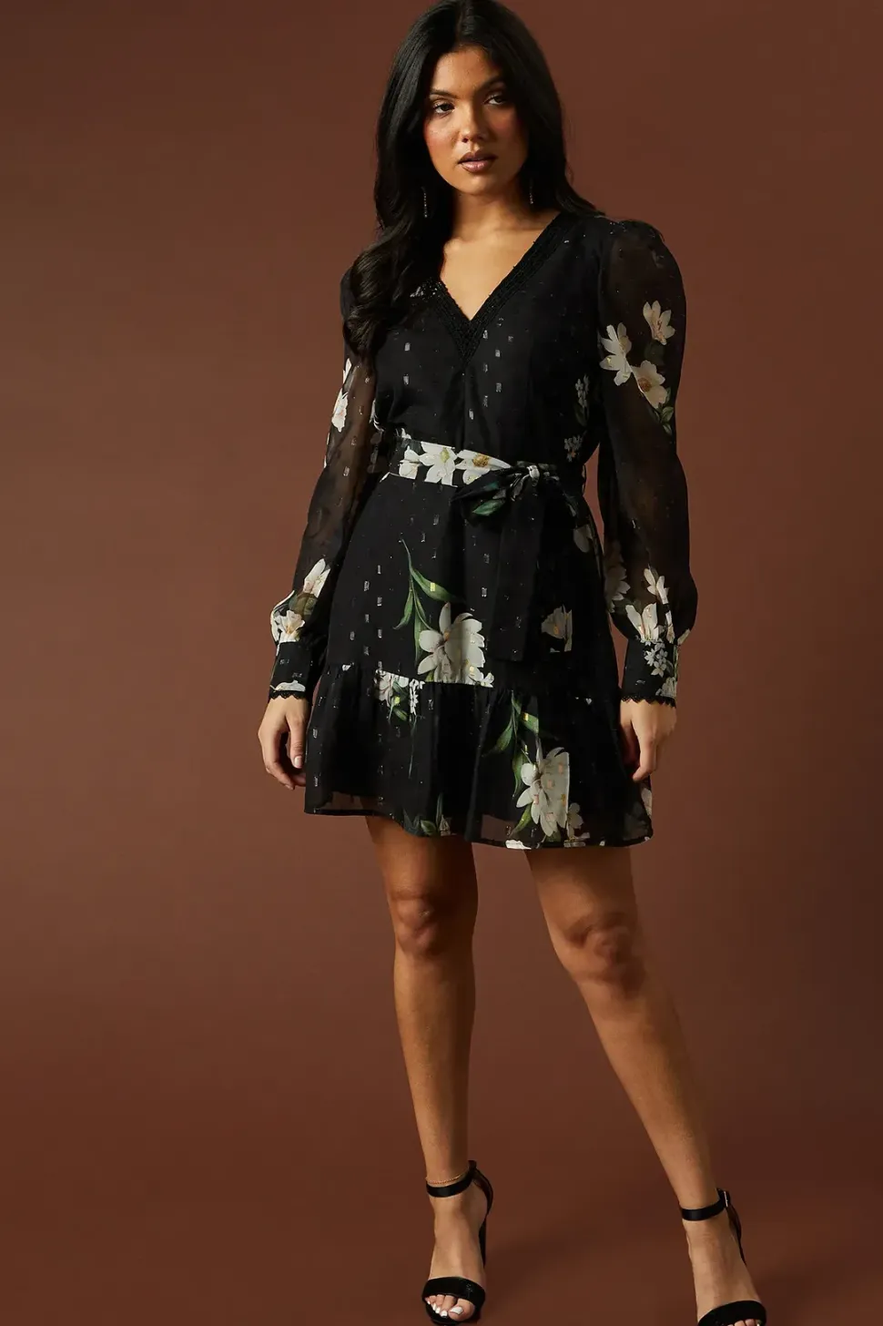 Occasion Printed Metallic V Neck Belted Ruffle Mini Dress