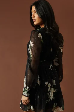 Occasion Printed Metallic V Neck Belted Ruffle Mini Dress