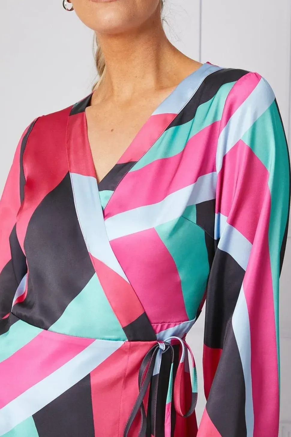 Occasion Printed Satin Wrap Midi Dress