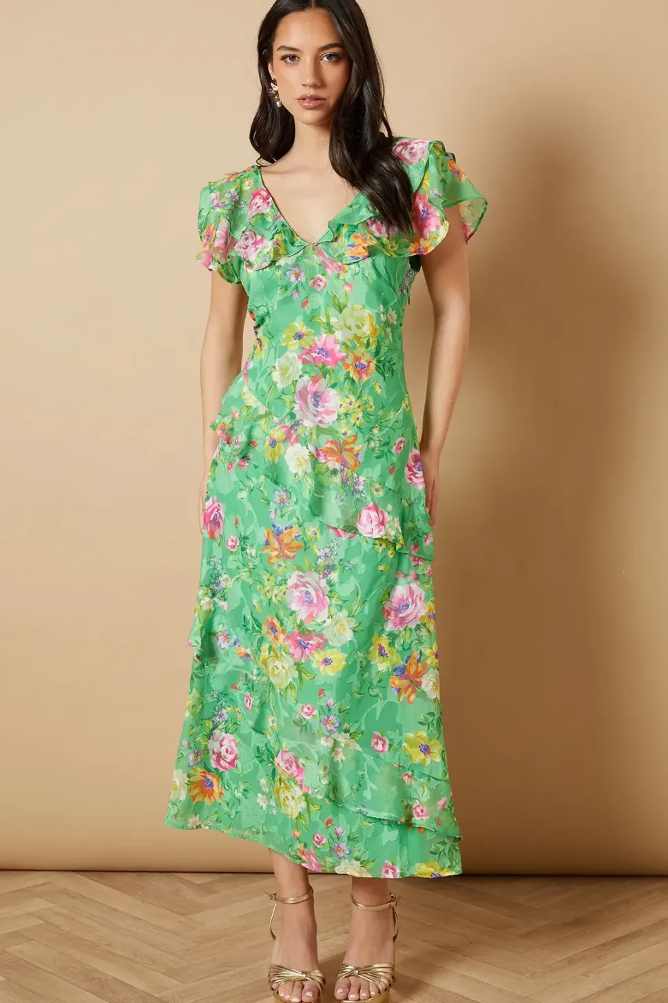 Occasion Ruffle Sleeve Jacquard Midi Dress