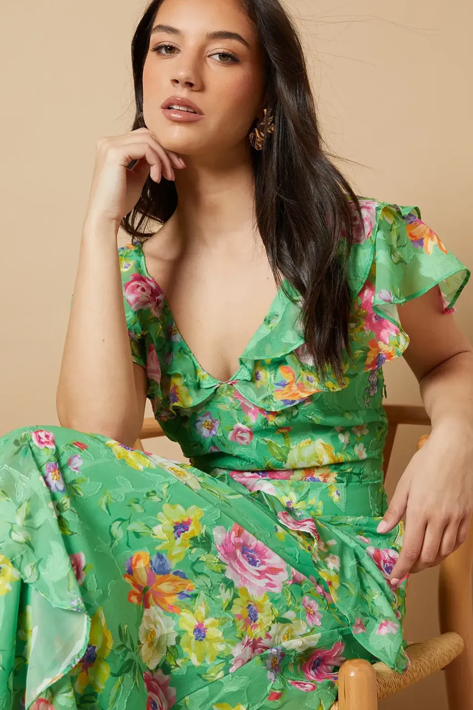 Occasion Ruffle Sleeve Jacquard Midi Dress