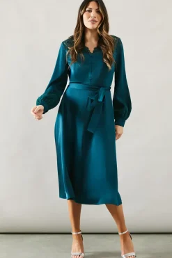 Occasion Satin Lace Trim Midi Dress
