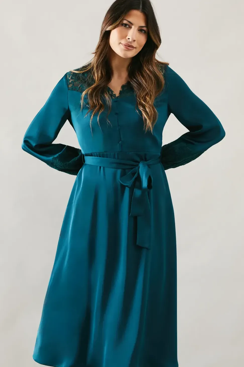 Occasion Satin Lace Trim Midi Dress
