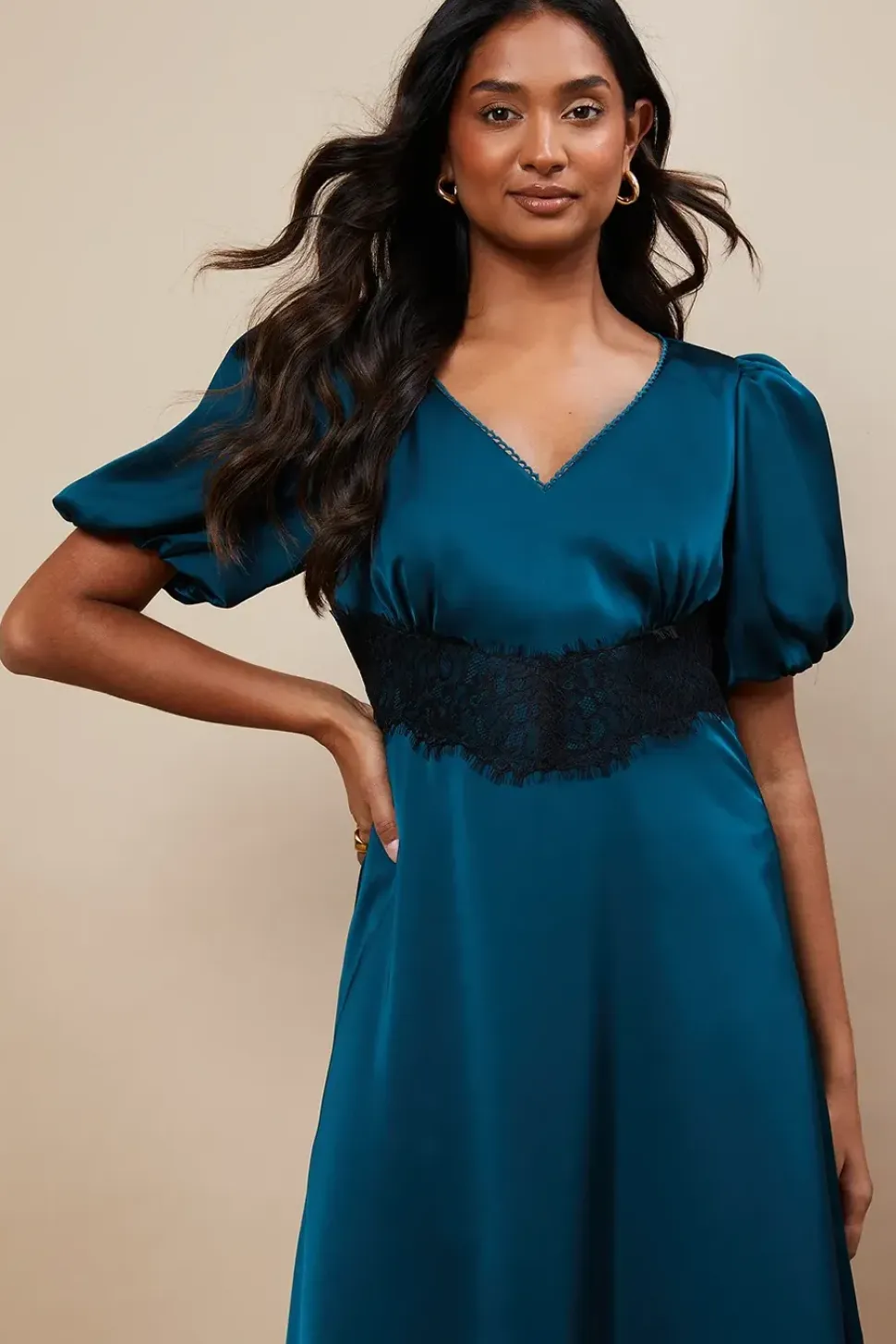 Occasion Satin Lace Waist Midi Dress