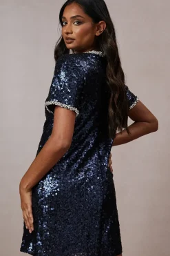 Occasion Sequin Shift Dress With Diamante Trim Detail