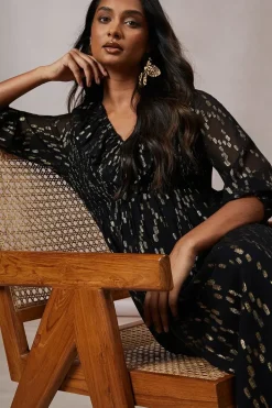 Occasion Shirred Ruffle Metallic Midi Dress