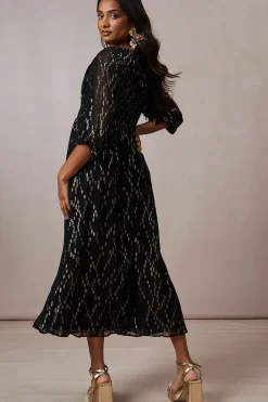 Occasion Shirred Ruffle Metallic Midi Dress