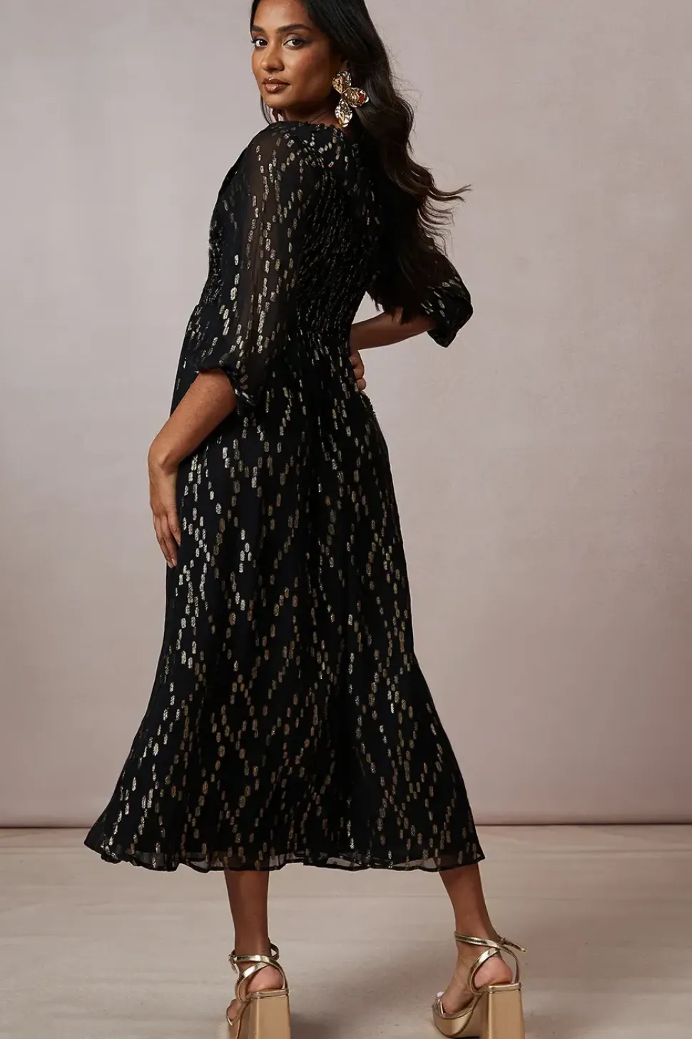 Occasion Shirred Ruffle Metallic Midi Dress