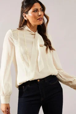 Occasion Tie Neck Lace Trim Blouse