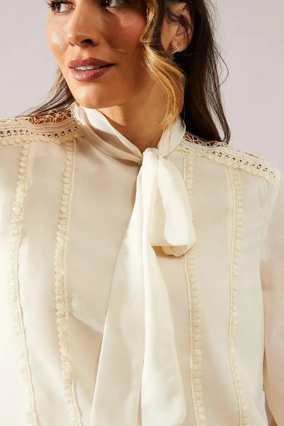 Occasion Tie Neck Lace Trim Blouse