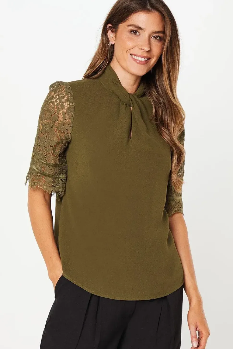 Occasion Twist Neck Lace Sleeve Blouse