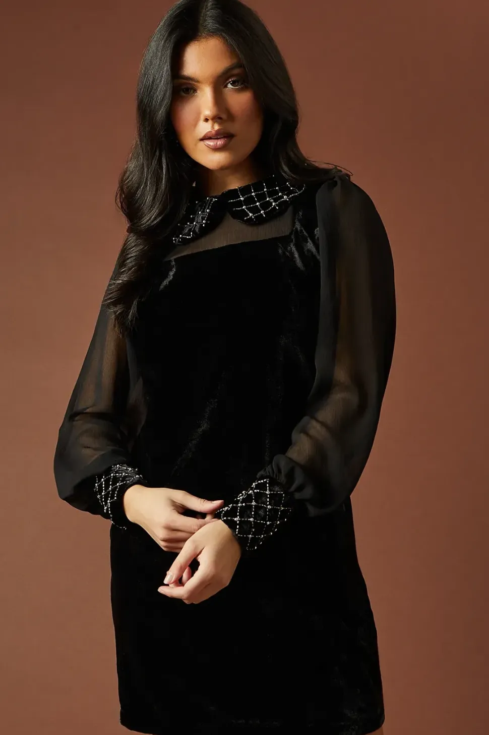 Occasion Velvet Embellished Collar Mini Dress