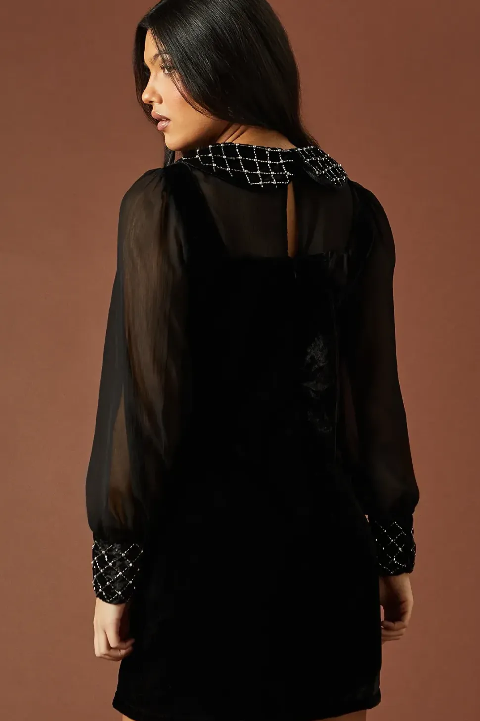 Occasion Velvet Embellished Collar Mini Dress