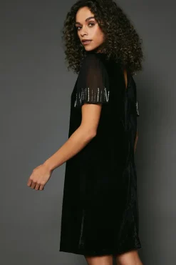 Occasion Velvet Embellished Sequin Split Sleeve Shift Dress