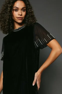 Occasion Velvet Embellished Sequin Split Sleeve Shift Dress