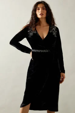 Occasion Velvet Embellished Sequin Wrap Midi Dress