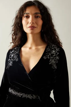 Occasion Velvet Embellished Sequin Wrap Midi Dress