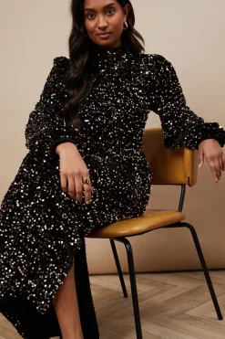 Occasion Velvet Sequin High Neck Midi Dress