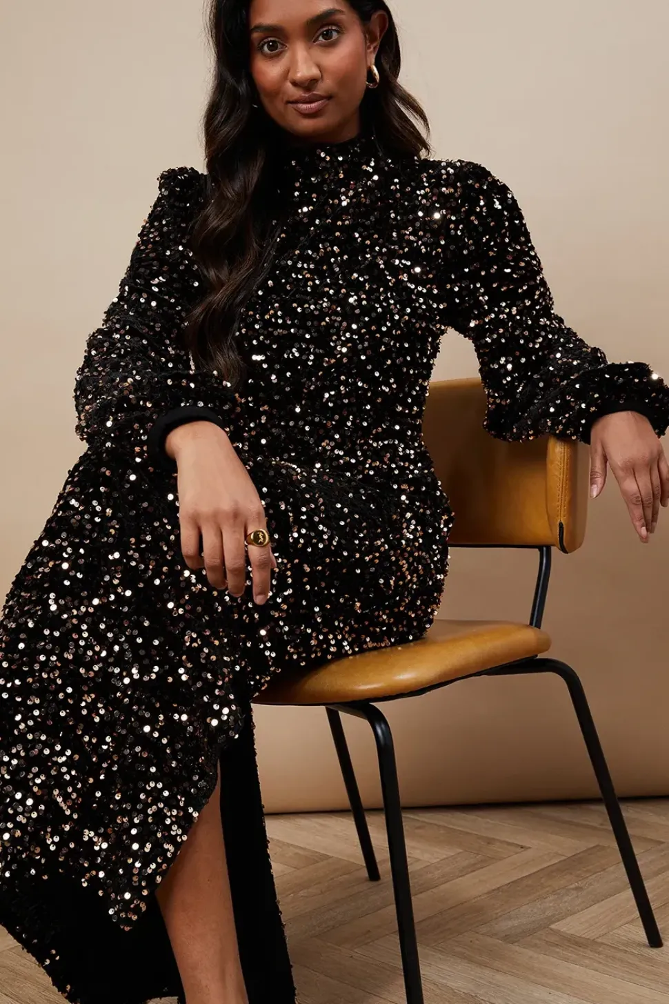 Occasion Velvet Sequin High Neck Midi Dress