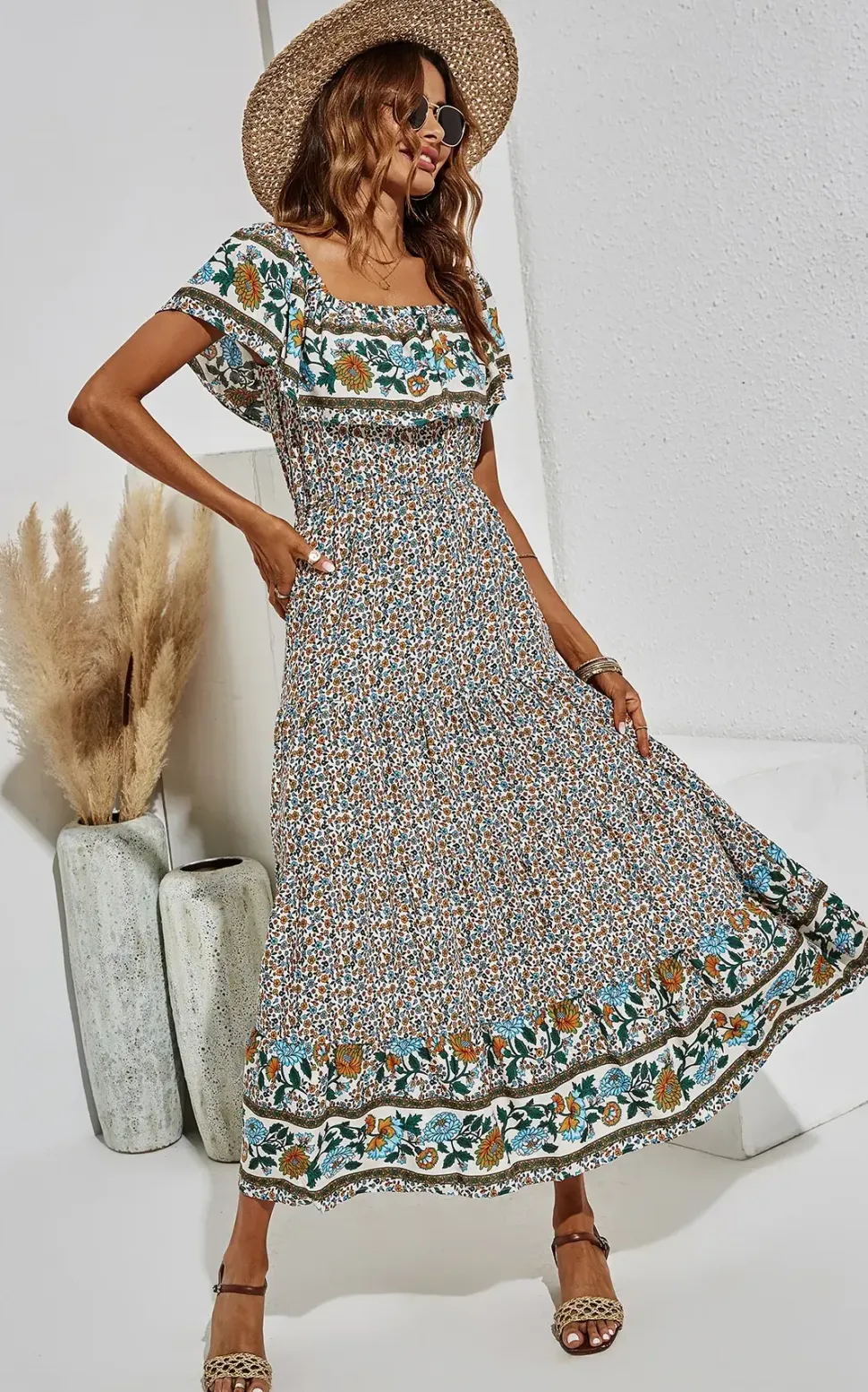 Off Shoulder Hem Detail Floral Print Midi Dress In Beige