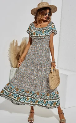 Off Shoulder Hem Detail Floral Print Midi Dress In Beige