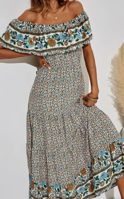 Off Shoulder Hem Detail Floral Print Midi Dress In Beige