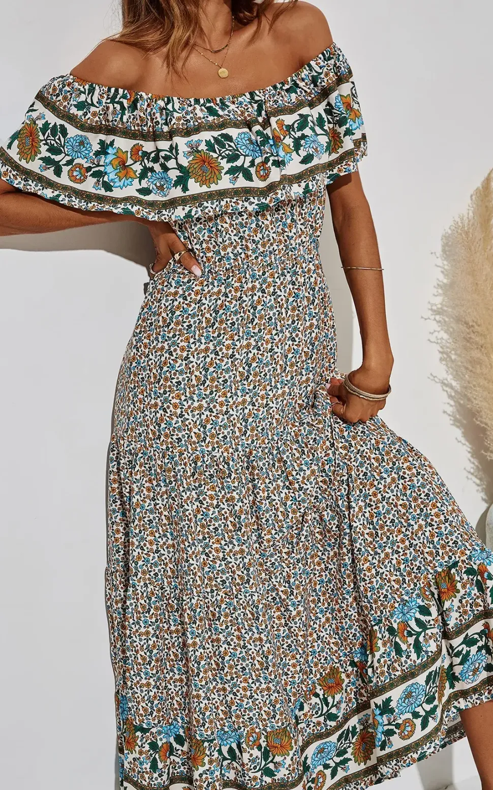 Off Shoulder Hem Detail Floral Print Midi Dress In Beige