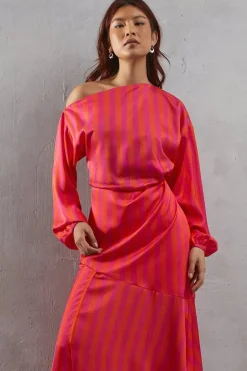 Off Shoulder Satin Stripe Midi Dress