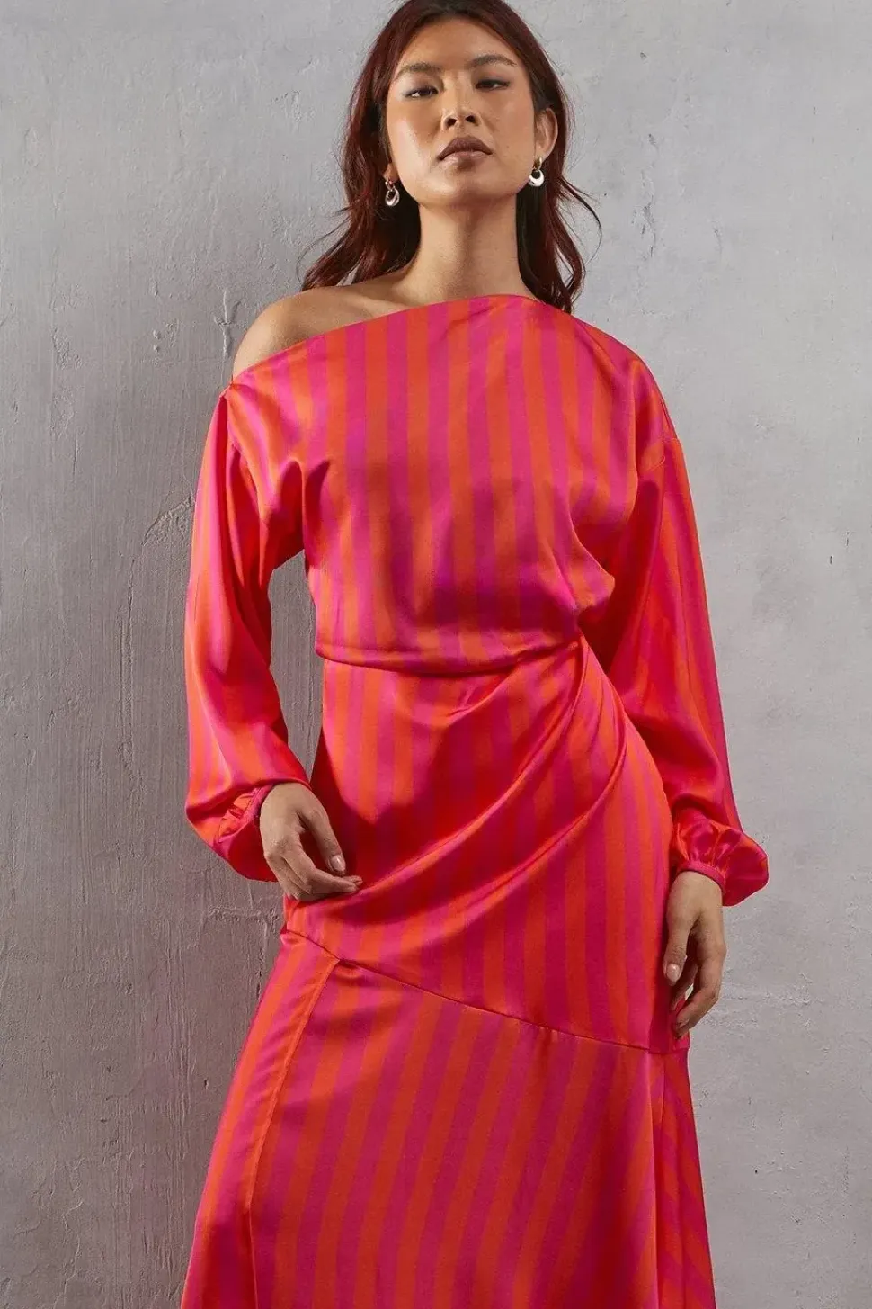 Off Shoulder Satin Stripe Midi Dress