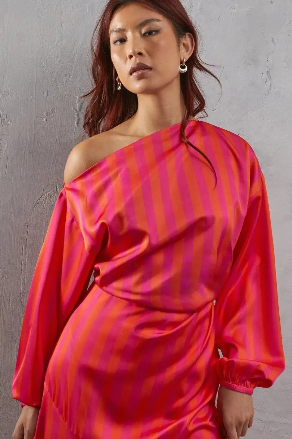 Off Shoulder Satin Stripe Midi Dress