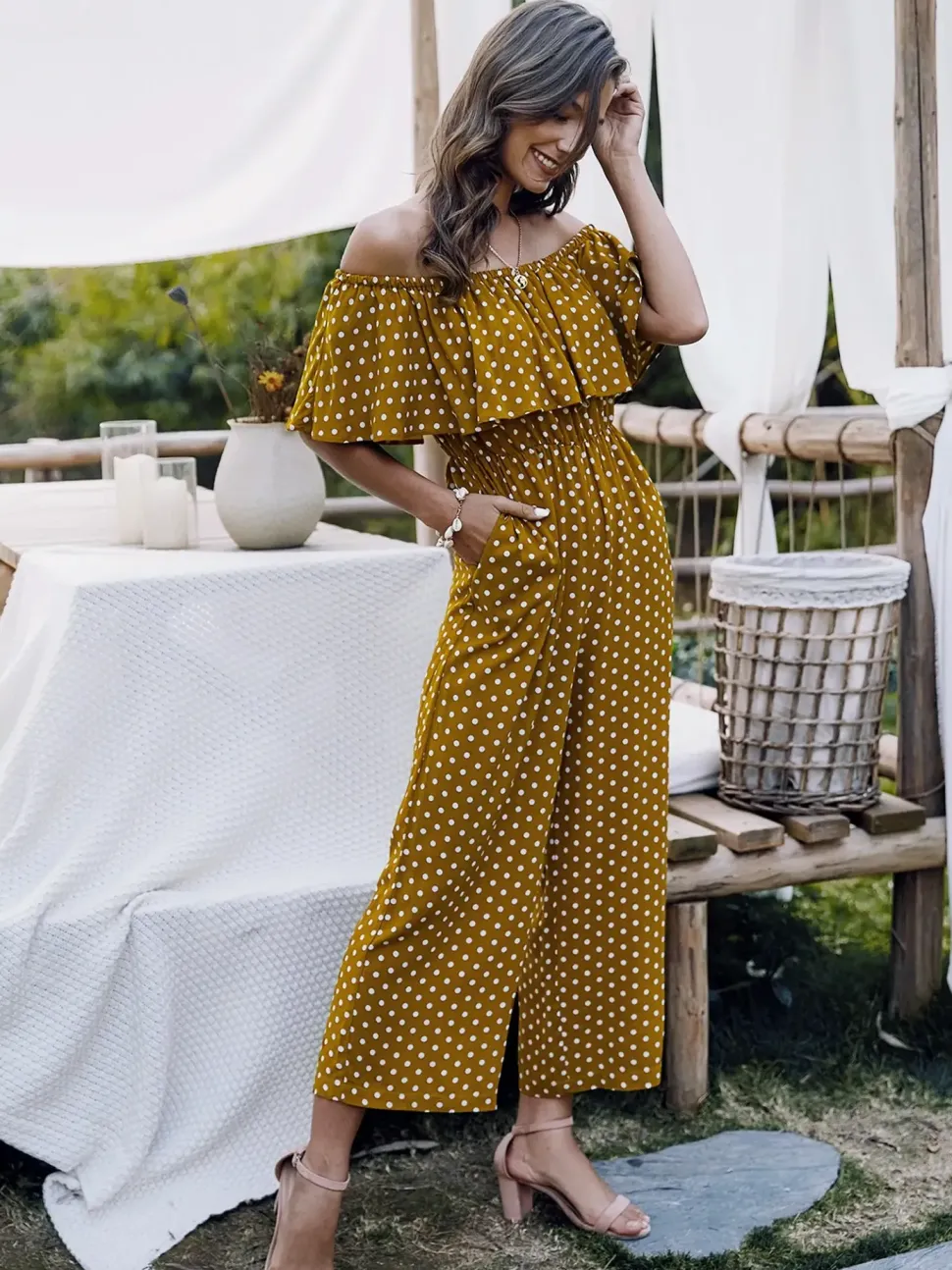 Off The Shoulder Frill Jumpsuit In Mustard Yellow Polka Dot