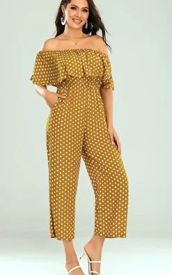 Off The Shoulder Frill Jumpsuit In Mustard Yellow Polka Dot