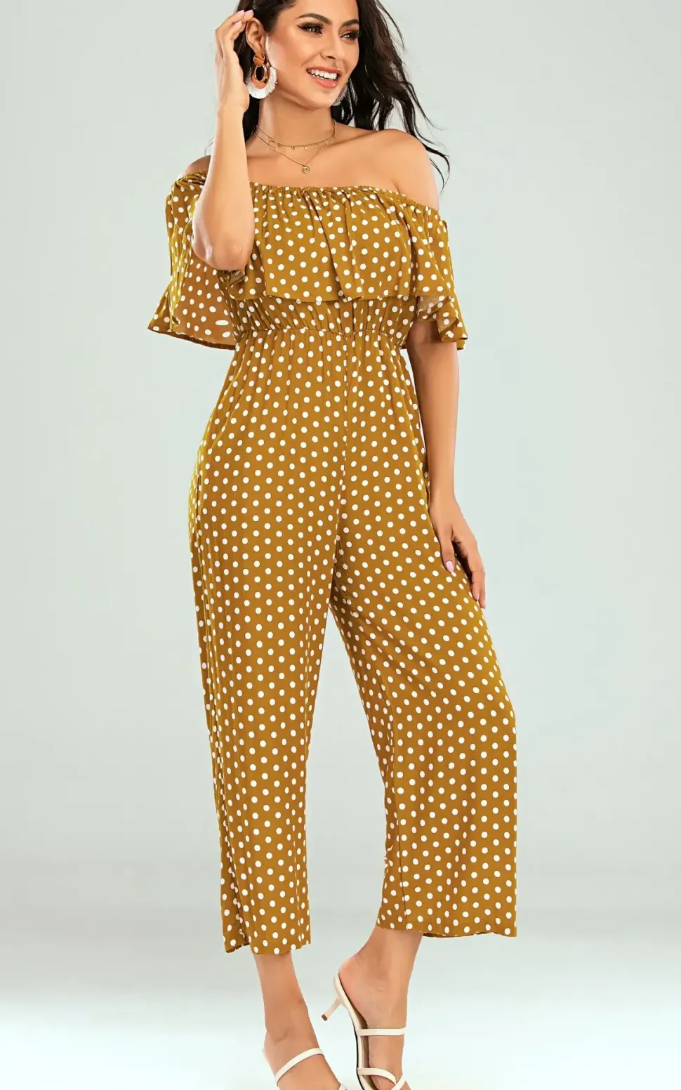 Off The Shoulder Frill Jumpsuit In Mustard Yellow Polka Dot