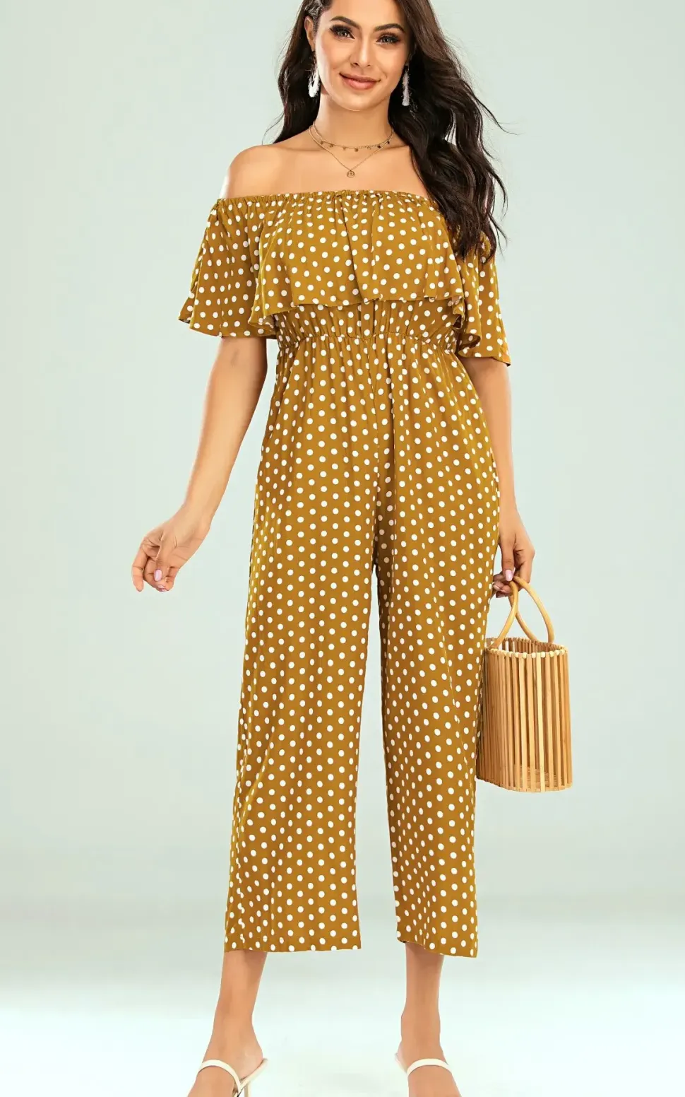 Off The Shoulder Frill Jumpsuit In Mustard Yellow Polka Dot