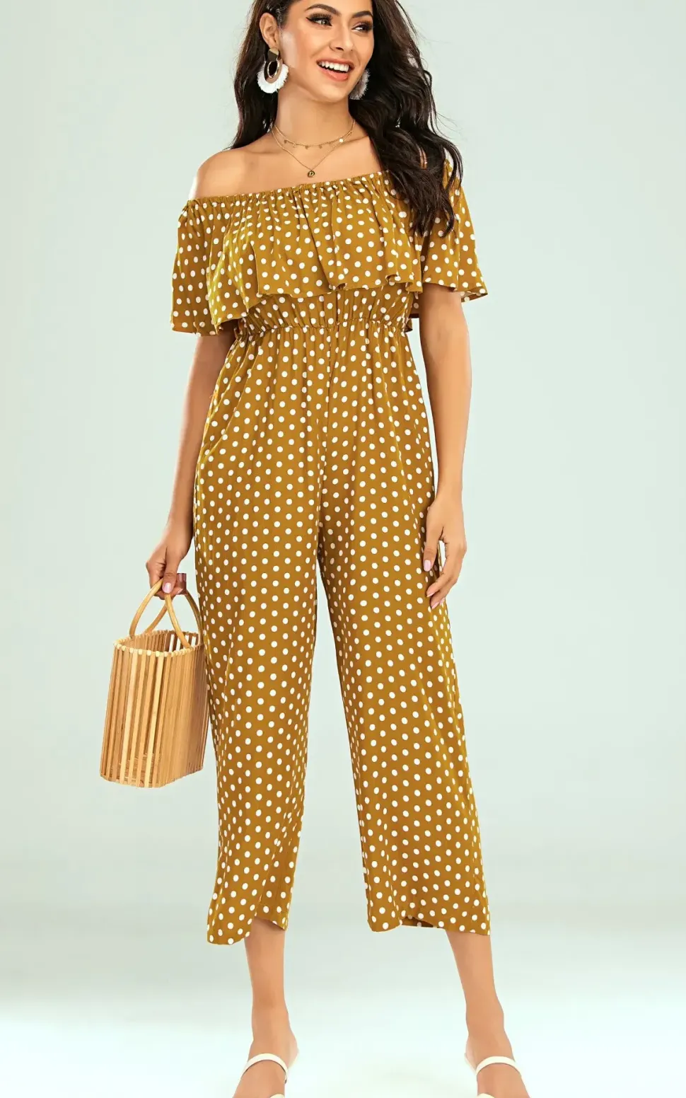 Off The Shoulder Frill Jumpsuit In Mustard Yellow Polka Dot