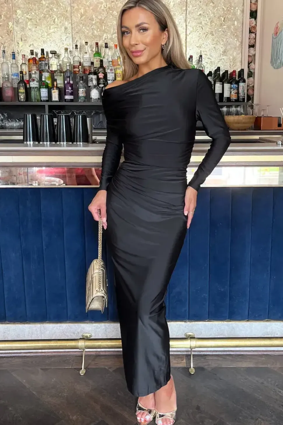 Off The Shoulder Long Sleeve Draped Midi Dress