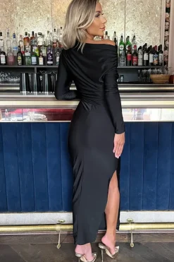 Off The Shoulder Long Sleeve Draped Midi Dress