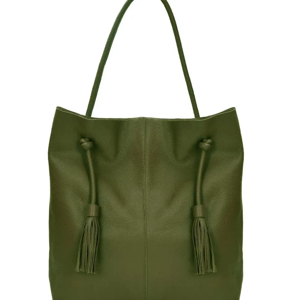 Olive Green Drawcord Leather Hobo Shoulder Bag