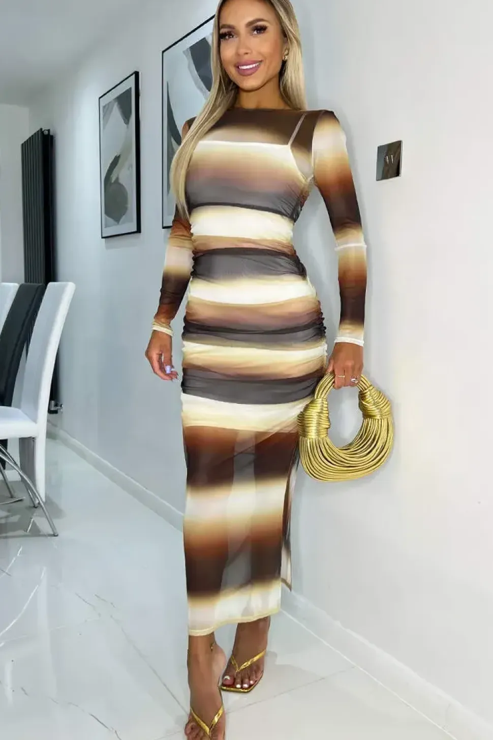 Ombre Mesh Overlay Long Sleeve Bodycon Midi Dress
