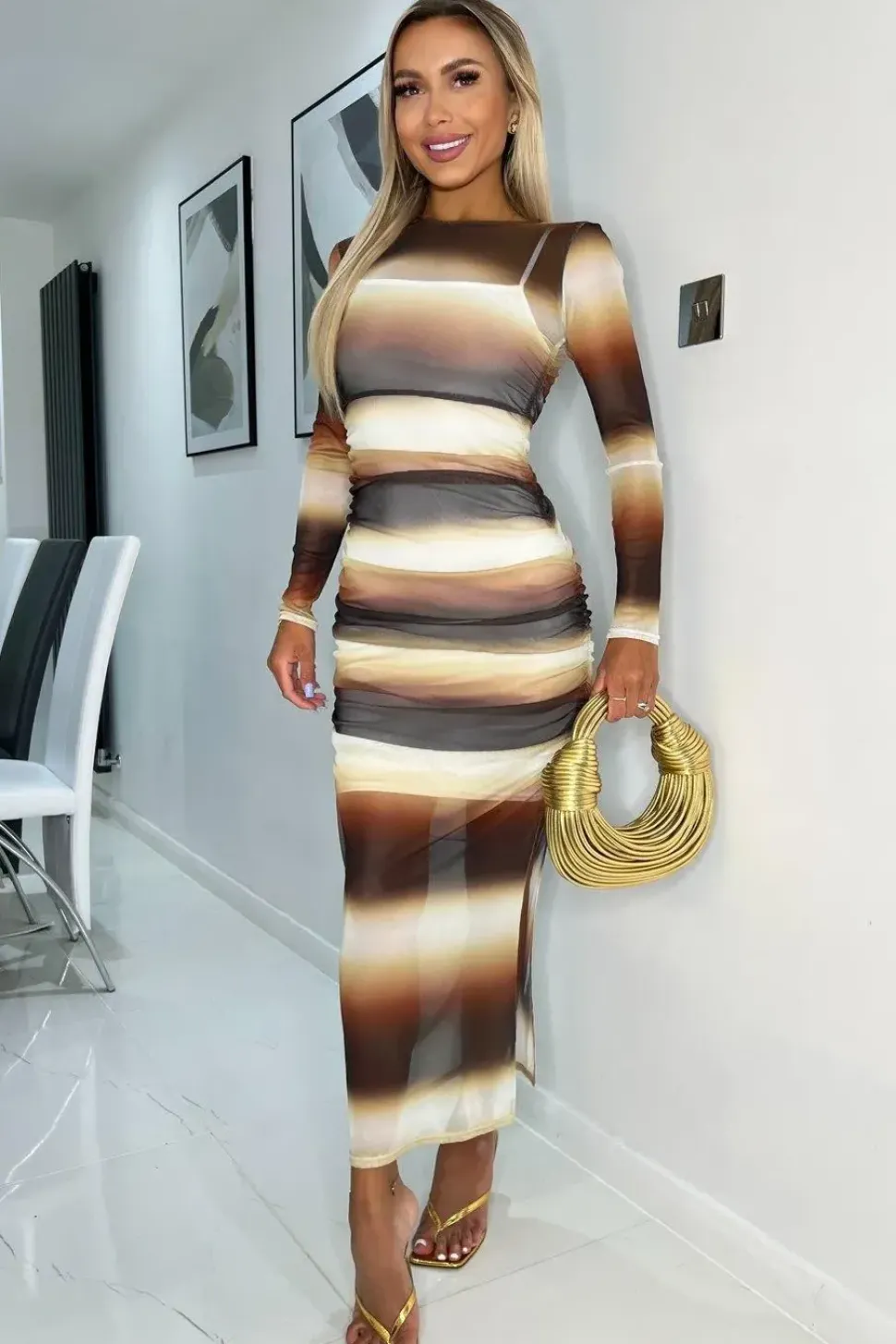 Ombre Mesh Overlay Long Sleeve Bodycon Midi Dress