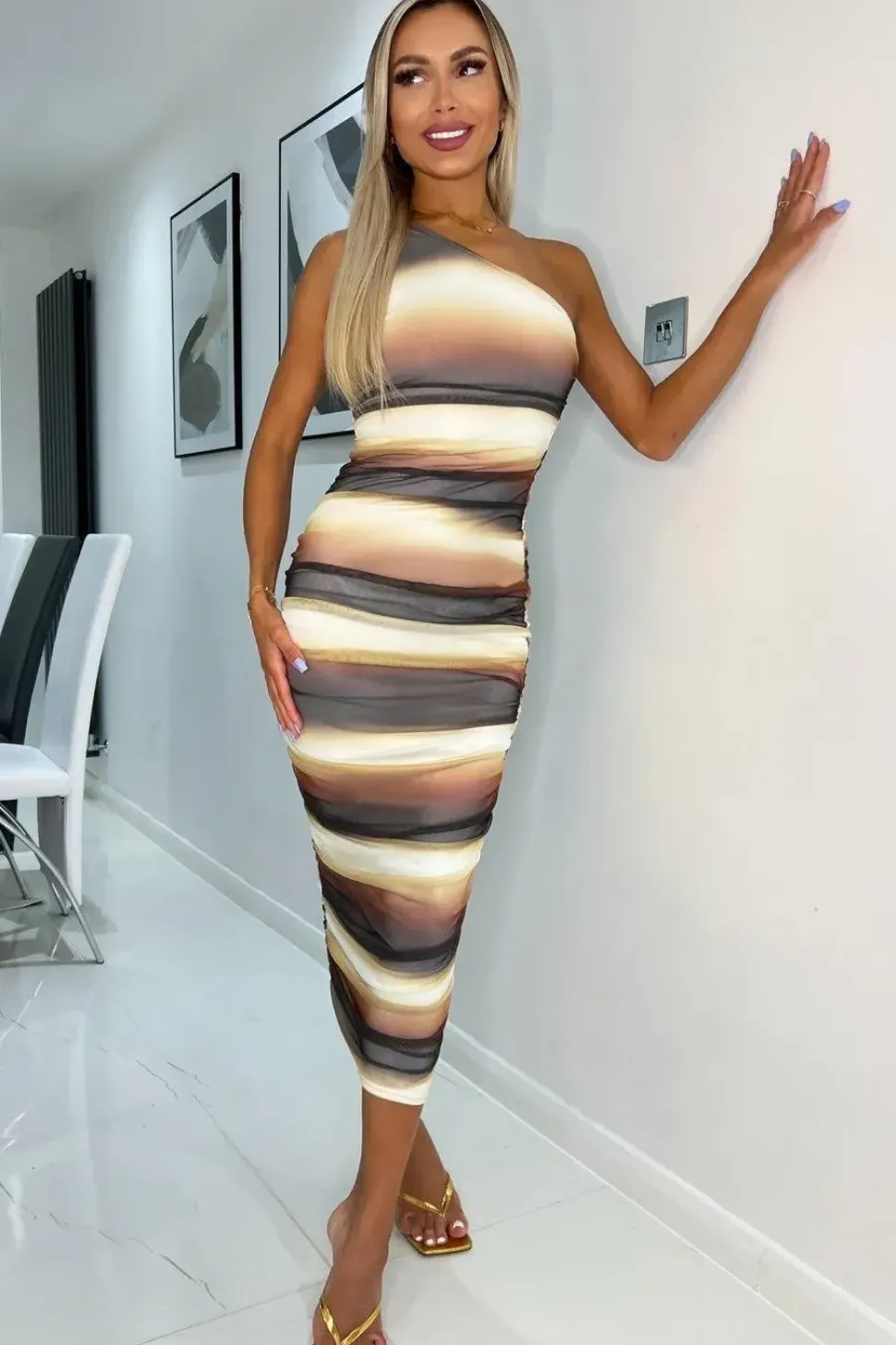 Ombre One Shoulder Mesh Bodycon Midi Dress